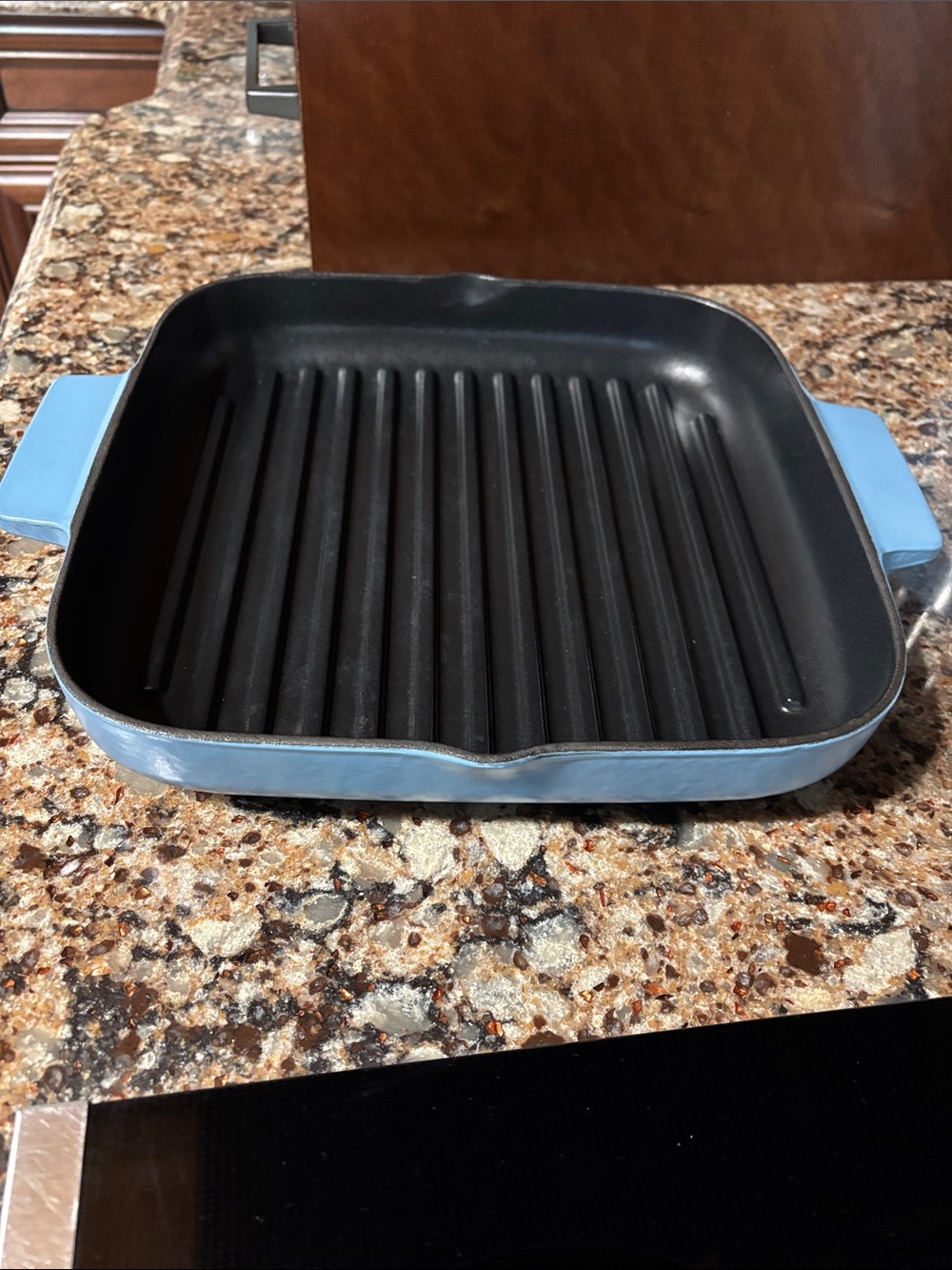 Kitchen Aid Light Blue Enamelled Square Grill Pan with Ribbed Cast Iron Surface